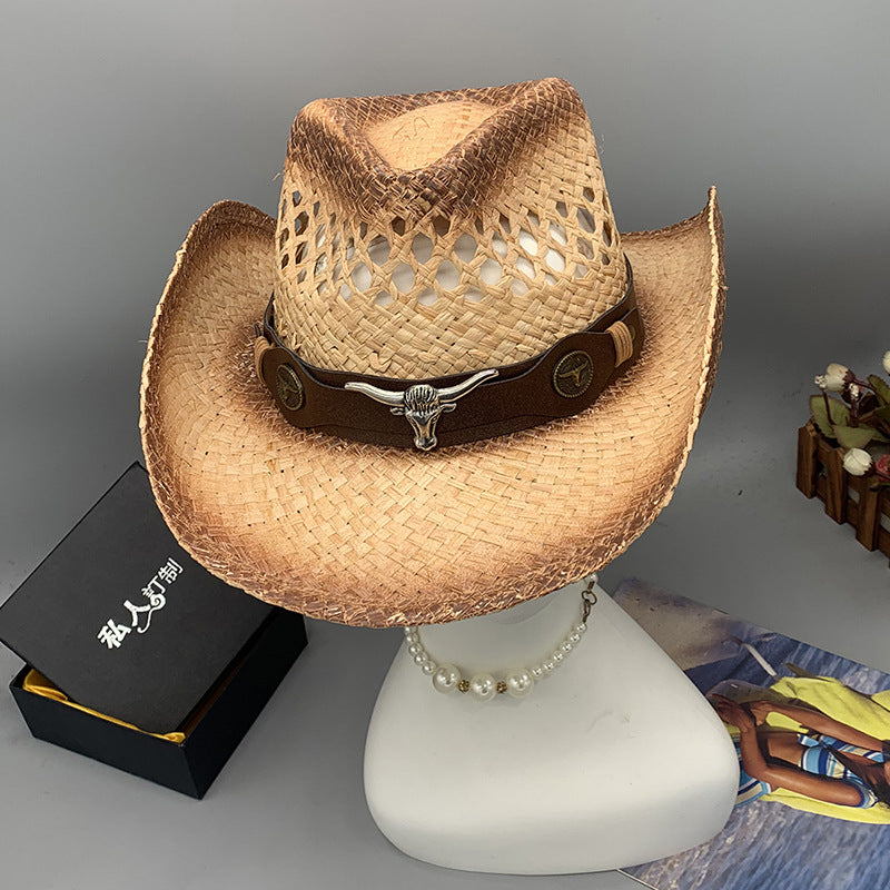 Western Raffie Straw Cowboy Hat for Men and Women Wide Brim Sun Hat Outdoor Beach UV Protection Summer Travel Cap
