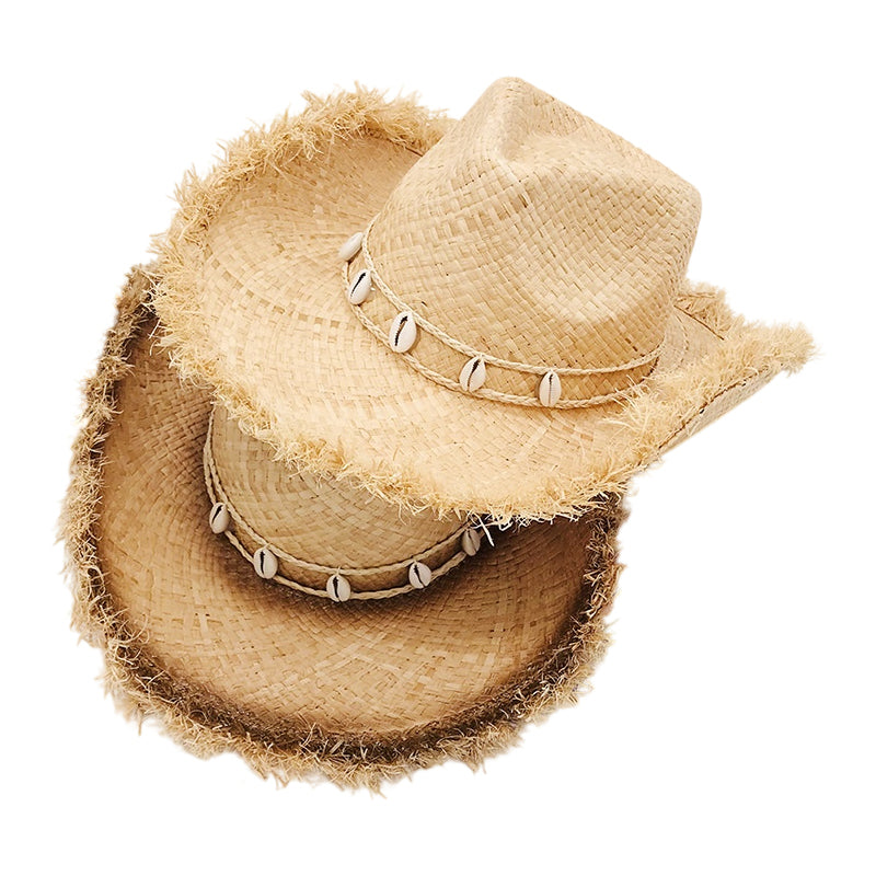 No. 74 Frayed Raffia Straw Cowboy Hat with Shell Band