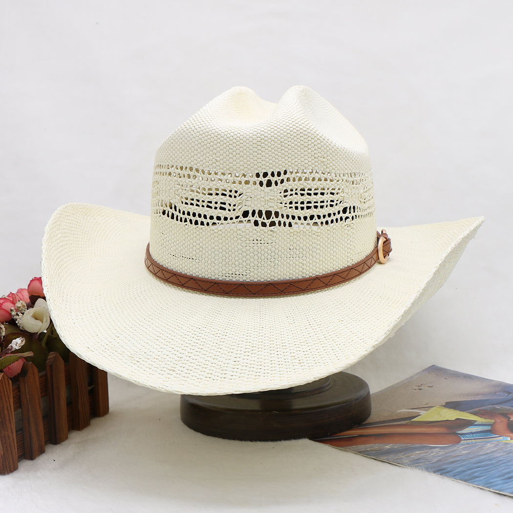 Waterproof Woven Cowboy Hat Western Style Sun Hat Beach Paper Straw Wide Brim Outdoor UV Protection Summer Shade Cap for Men Women