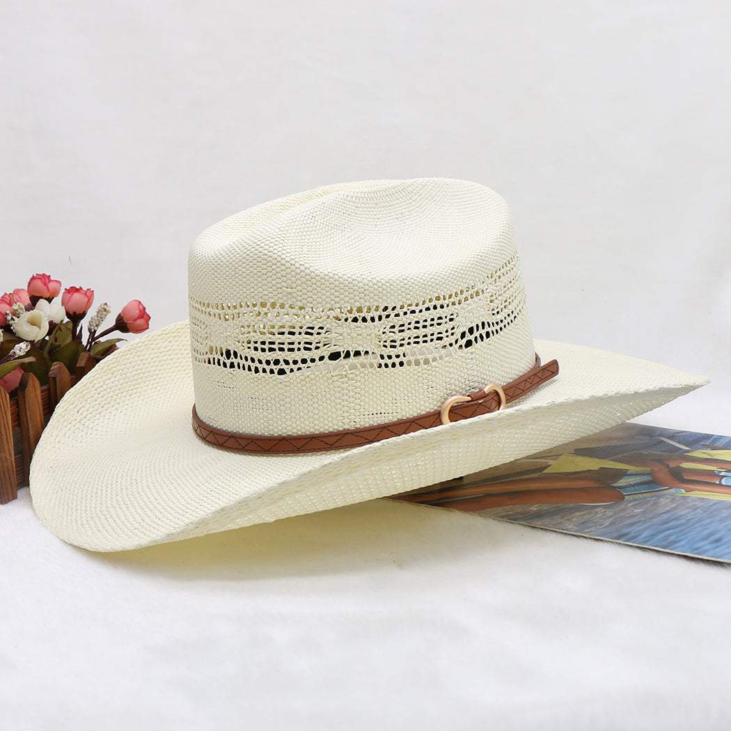Waterproof Woven Cowboy Hat Western Style Sun Hat Beach Paper Straw Wide Brim Outdoor UV Protection Summer Shade Cap for Men Women