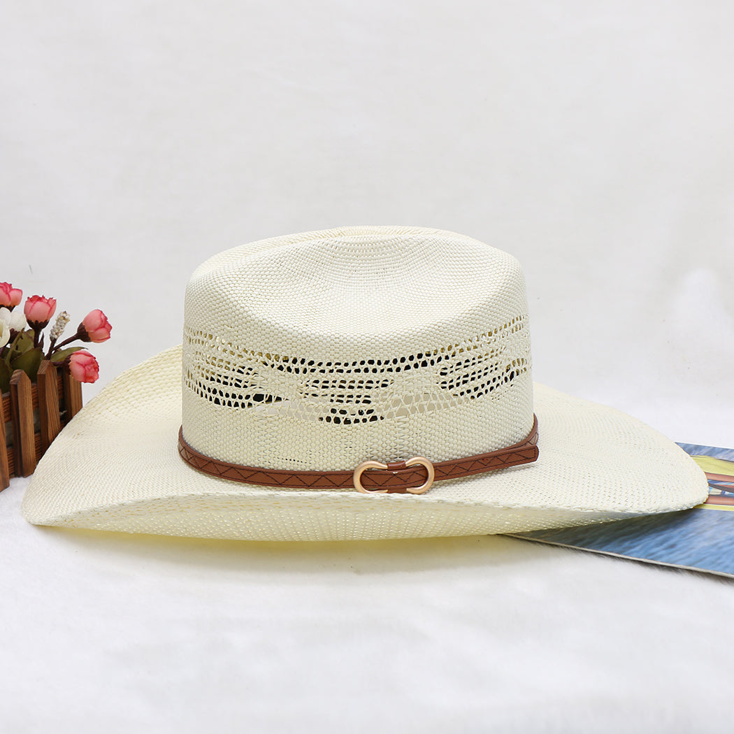 Waterproof Woven Cowboy Hat Western Style Sun Hat Beach Paper Straw Wide Brim Outdoor UV Protection Summer Shade Cap for Men Women