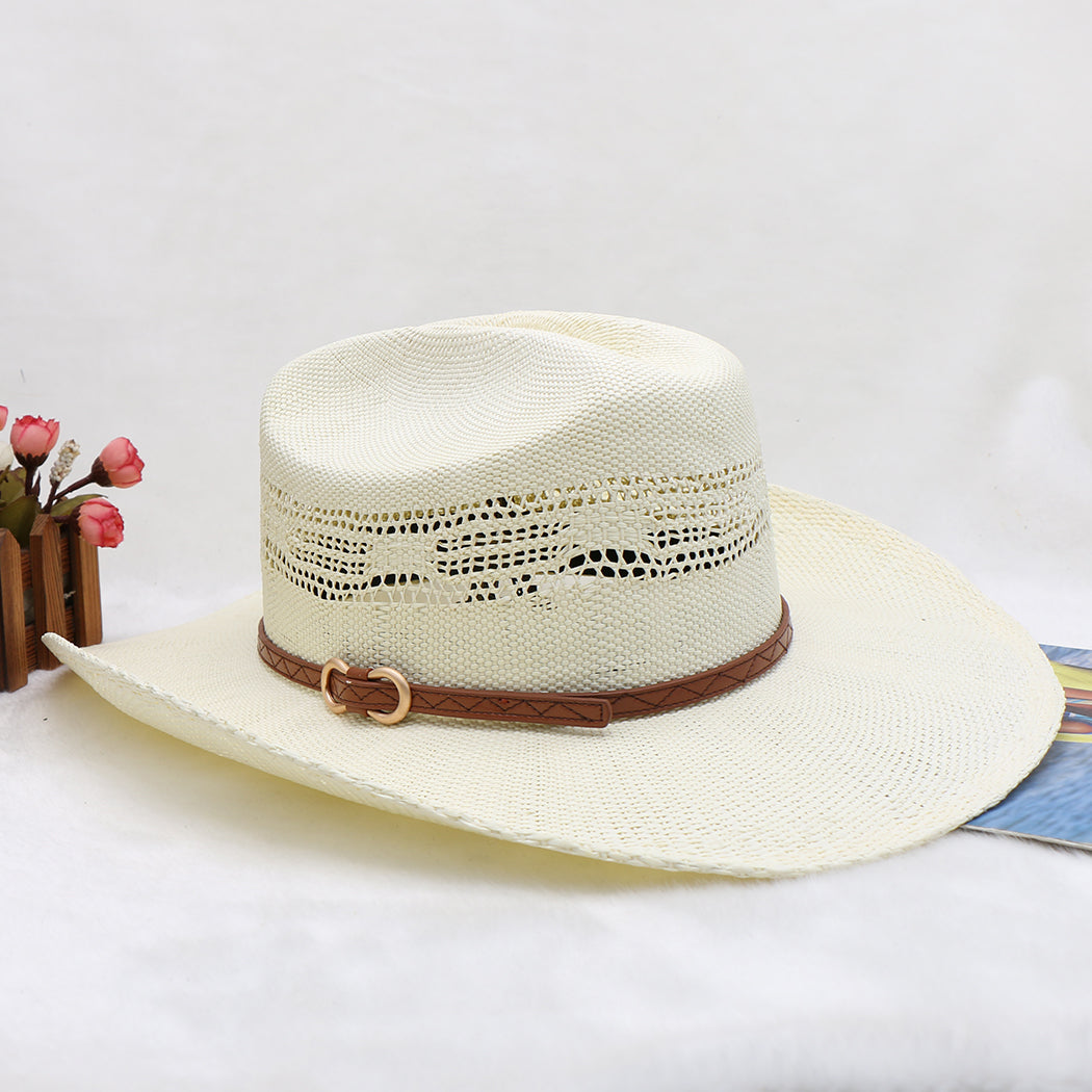 Waterproof Woven Cowboy Hat Western Style Sun Hat Beach Paper Straw Wide Brim Outdoor UV Protection Summer Shade Cap for Men Women