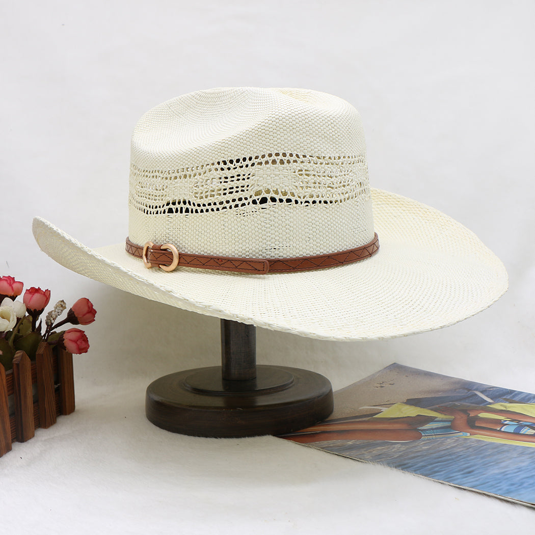 Waterproof Woven Cowboy Hat Western Style Sun Hat Beach Paper Straw Wide Brim Outdoor UV Protection Summer Shade Cap for Men Women