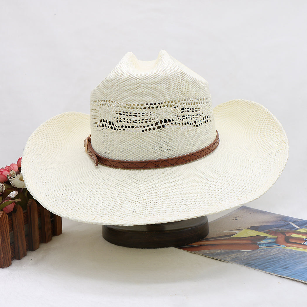Waterproof Woven Cowboy Hat Western Style Sun Hat Beach Paper Straw Wide Brim Outdoor UV Protection Summer Shade Cap for Men Women