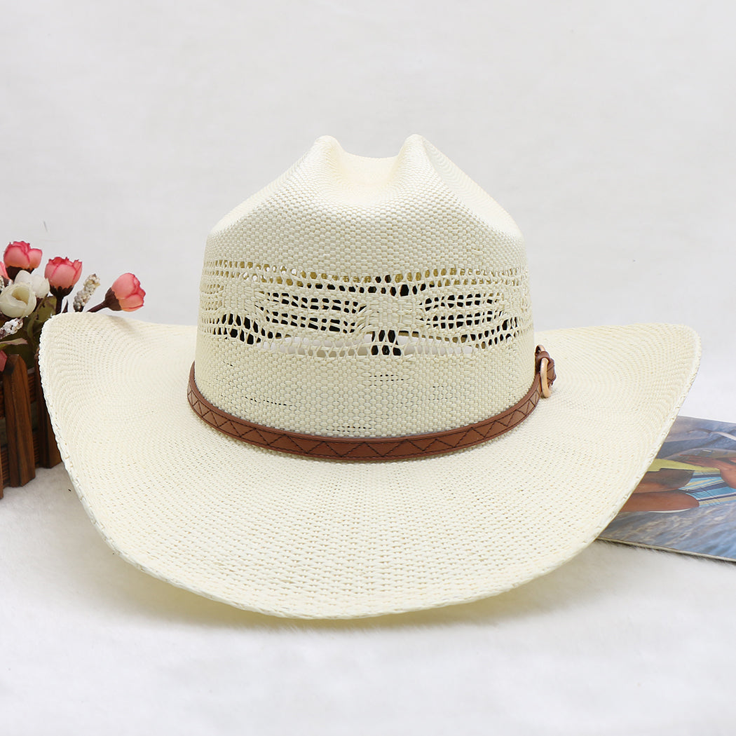 Waterproof Woven Cowboy Hat Western Style Sun Hat Beach Paper Straw Wide Brim Outdoor UV Protection Summer Shade Cap for Men Women