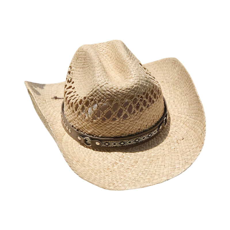 Western Cowboy Hat Raffia Straw Handwoven Roll Brim Sun Hat Outdoor UV Protection Beach Travel Style for Men and Women