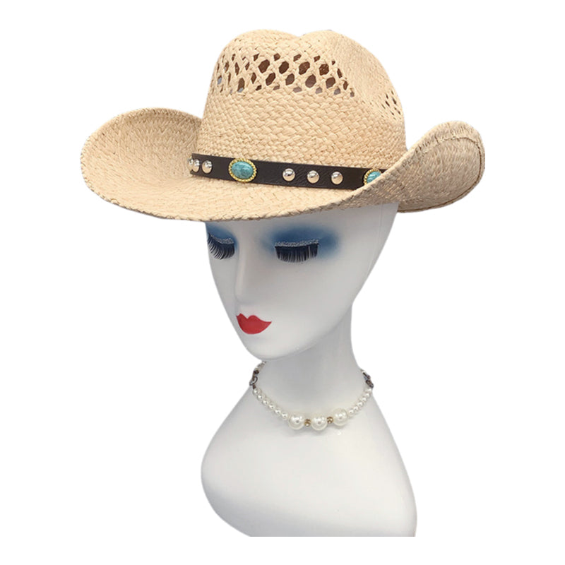Western Cowboy Hat Raffia Straw Handwoven Roll Brim Sun Hat Outdoor UV Protection Beach Travel Style for Men and Women