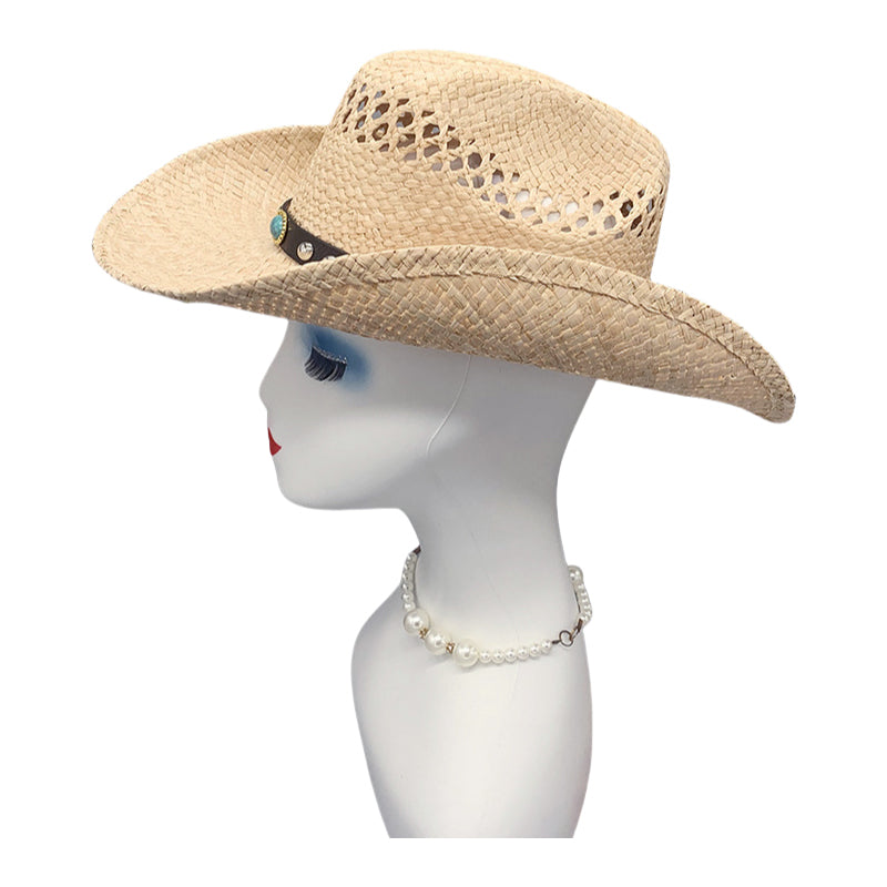 Western Cowboy Hat Raffia Straw Handwoven Roll Brim Sun Hat Outdoor UV Protection Beach Travel Style for Men and Women