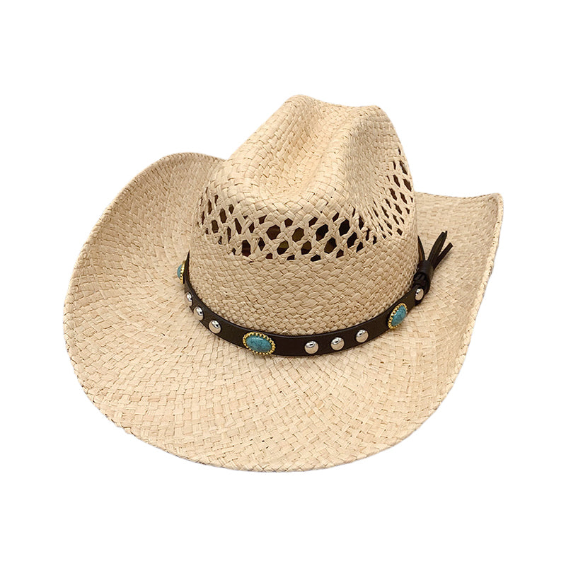 Western Cowboy Hat Raffia Straw Handwoven Roll Brim Sun Hat Outdoor UV Protection Beach Travel Style for Men and Women