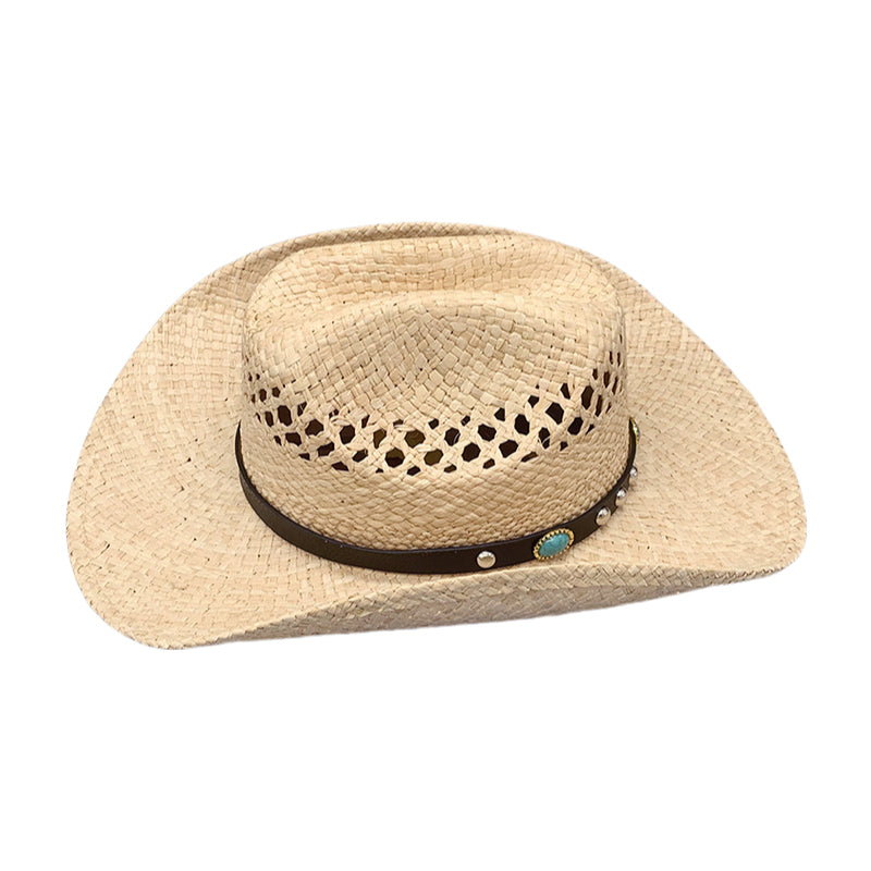 Western Cowboy Hat Raffia Straw Handwoven Roll Brim Sun Hat Outdoor UV Protection Beach Travel Style for Men and Women