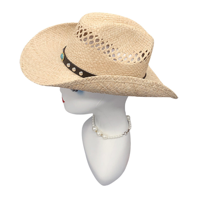 Western Cowboy Hat Raffia Straw Handwoven Roll Brim Sun Hat Outdoor UV Protection Beach Travel Style for Men and Women
