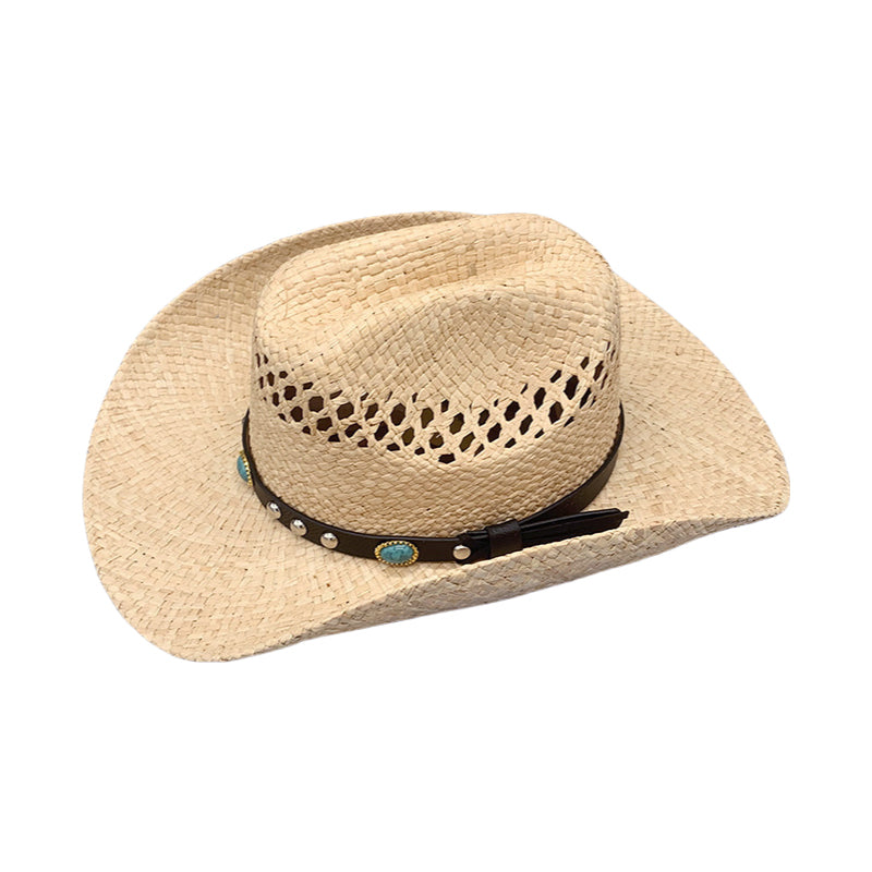 Western Cowboy Hat Raffia Straw Handwoven Roll Brim Sun Hat Outdoor UV Protection Beach Travel Style for Men and Women