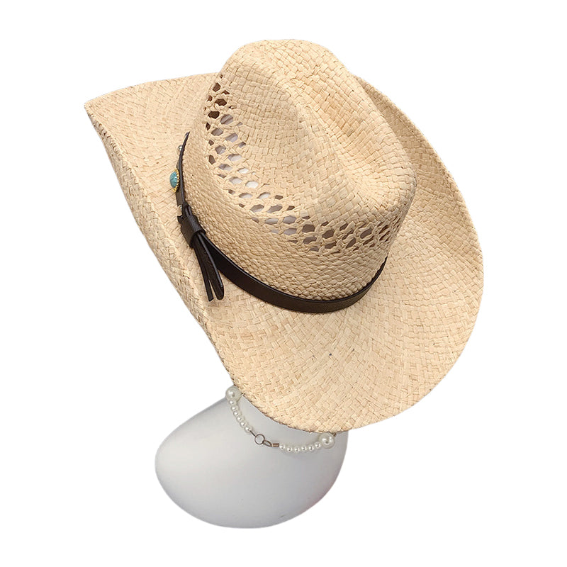 Western Cowboy Hat Raffia Straw Handwoven Roll Brim Sun Hat Outdoor UV Protection Beach Travel Style for Men and Women