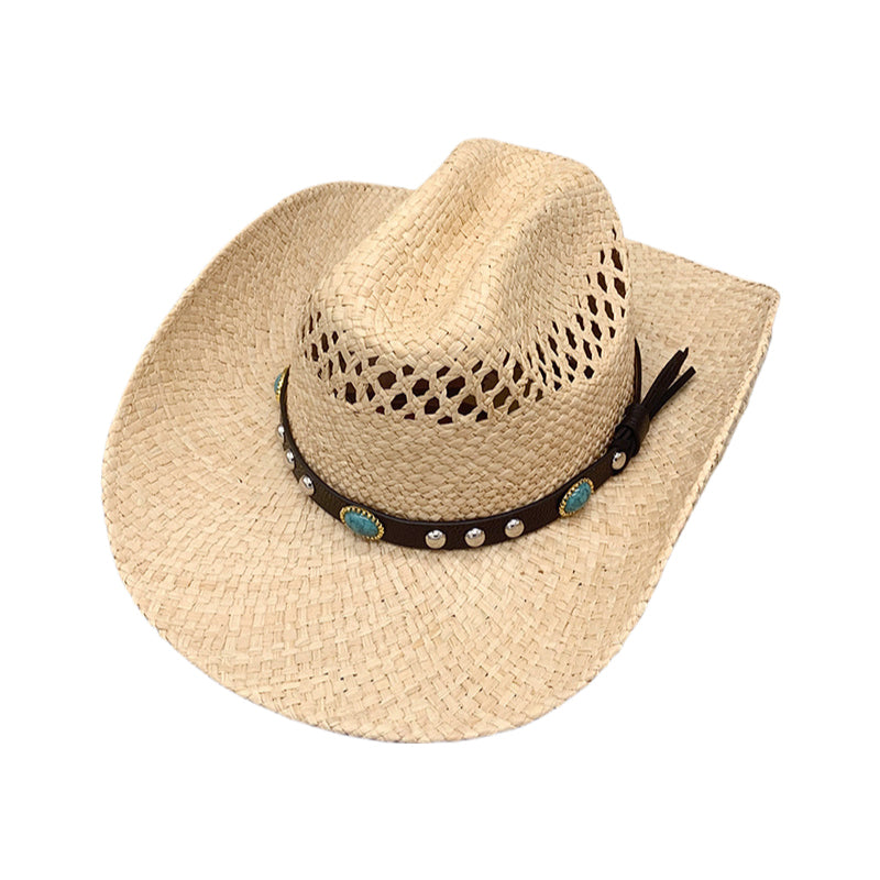 Western Cowboy Hat Raffia Straw Handwoven Roll Brim Sun Hat Outdoor UV Protection Beach Travel Style for Men and Women