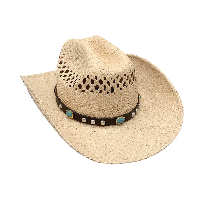 Western Cowboy Hat Raffia Straw Handwoven Roll Brim Sun Hat Outdoor UV Protection Beach Travel Style for Men and Women