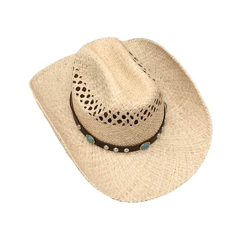 Western Cowboy Hat Raffia Straw Handwoven Roll Brim Sun Hat Outdoor UV Protection Beach Travel Style for Men and Women