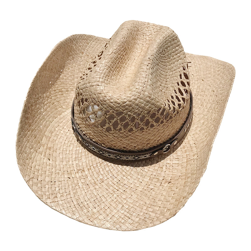 Western Cowboy Hat Raffia Straw Handwoven Roll Brim Sun Hat Outdoor UV Protection Beach Travel Style for Men and Women