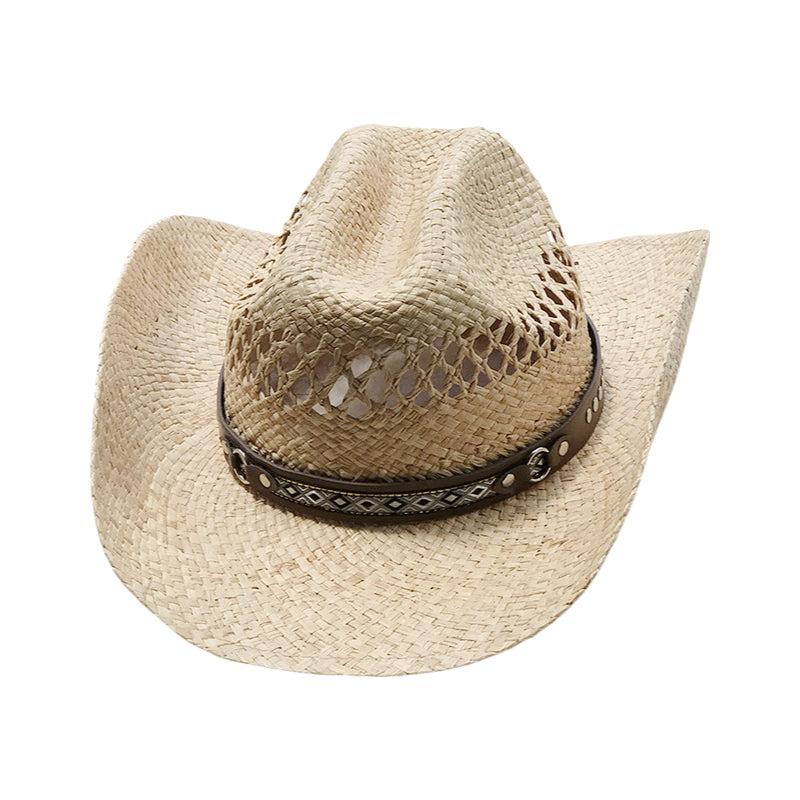 Western Cowboy Hat Raffia Straw Handwoven Roll Brim Sun Hat Outdoor UV Protection Beach Travel Style for Men and Women