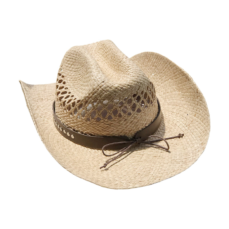 Western Cowboy Hat Raffia Straw Handwoven Roll Brim Sun Hat Outdoor UV Protection Beach Travel Style for Men and Women