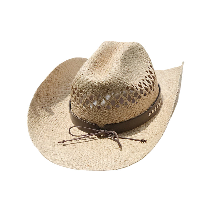 Western Cowboy Hat Raffia Straw Handwoven Roll Brim Sun Hat Outdoor UV Protection Beach Travel Style for Men and Women