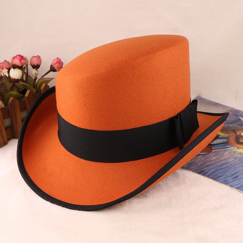 Fashion Felt Top Hat with Bow Royal Style Flipped Brim Costume Hat for Stage Performance Men and Women