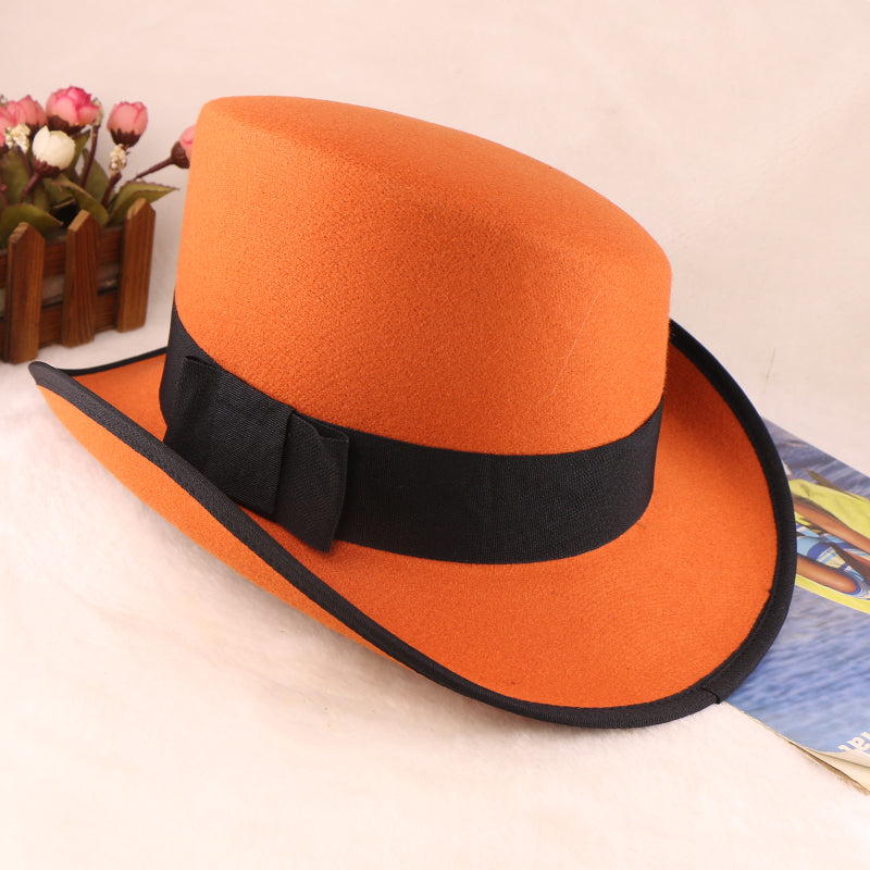 Fashion Felt Top Hat with Bow Royal Style Flipped Brim Costume Hat for Stage Performance Men and Women