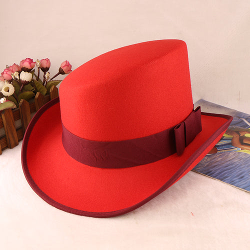 Fashion Felt Top Hat with Bow Royal Style Flipped Brim Costume Hat for Stage Performance Men and Women