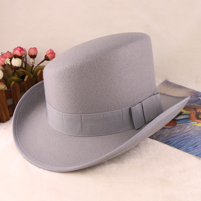 Fashion Felt Top Hat with Bow Royal Style Flipped Brim Costume Hat for Stage Performance Men and Women