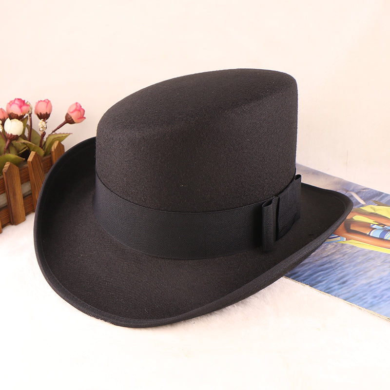Fashion Felt Top Hat with Bow Royal Style Flipped Brim Costume Hat for Stage Performance Men and Women