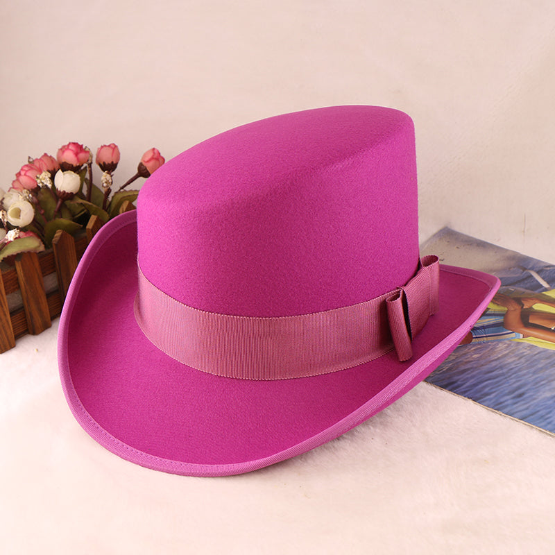 Fashion Felt Top Hat with Bow Royal Style Flipped Brim Costume Hat for Stage Performance Men and Women
