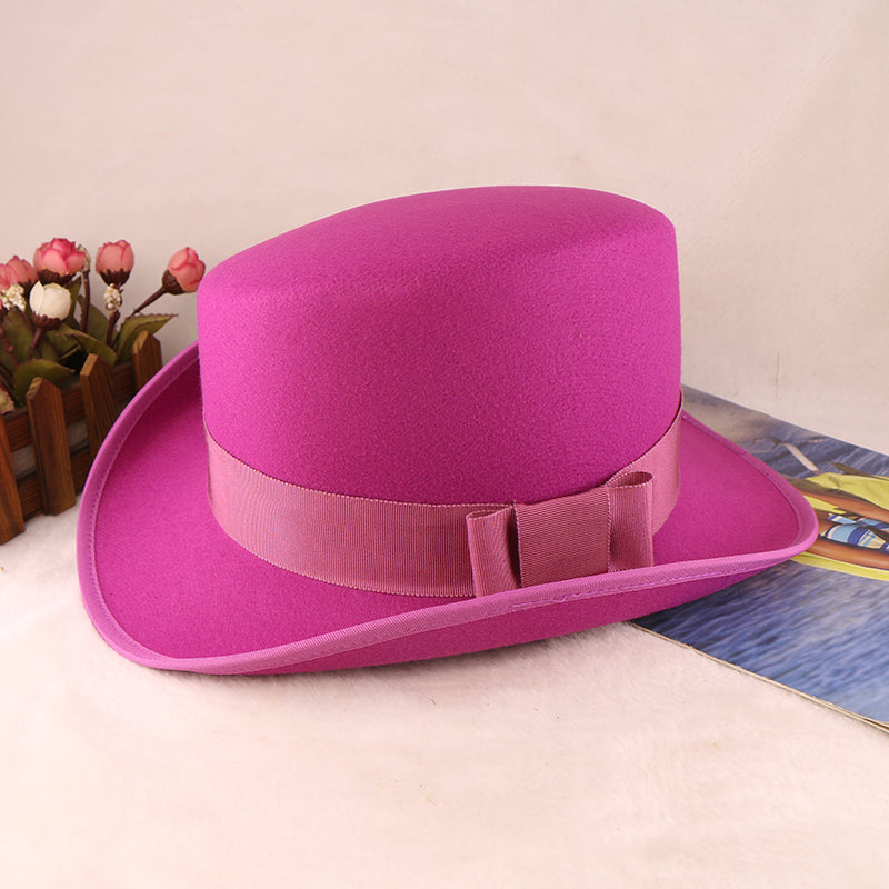 Fashion Felt Top Hat with Bow Royal Style Flipped Brim Costume Hat for Stage Performance Men and Women