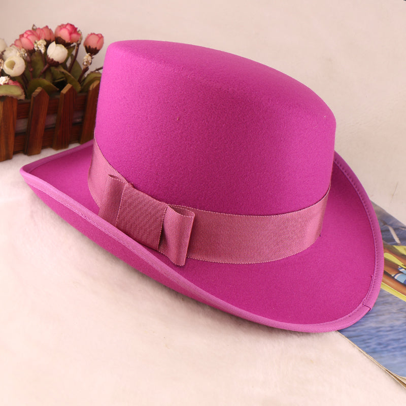 Fashion Felt Top Hat with Bow Royal Style Flipped Brim Costume Hat for Stage Performance Men and Women