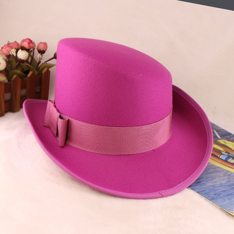 Fashion Felt Top Hat with Bow Royal Style Flipped Brim Costume Hat for Stage Performance Men and Women