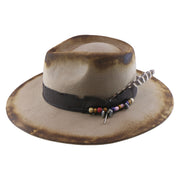 No. 909 Distressed Wool Felt Fedora with Feather and Beads