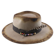 No. 909 Distressed Wool Felt Fedora with Feather and Beads
