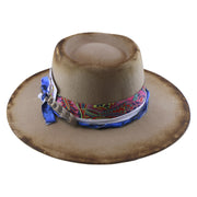 No. 909 Distressed Wool Felt Fedora with Feather and Beads