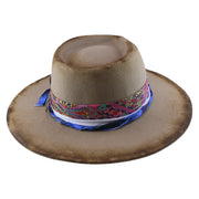No. 909 Distressed Wool Felt Fedora with Feather and Beads