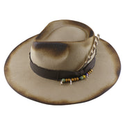 No. 909 Distressed Wool Felt Fedora with Feather and Beads