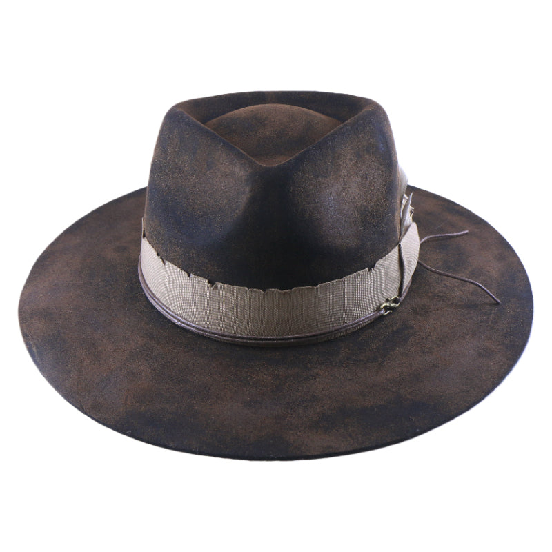 No. 980 Distressed Wool Felt Fedora Hat with Feather Accent