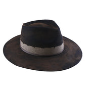 No. 980 Distressed Wool Felt Fedora Hat with Feather Accent