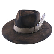 No. 980 Distressed Wool Felt Fedora Hat with Feather Accent