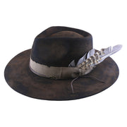 No. 980 Distressed Wool Felt Fedora Hat with Feather Accent
