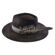 No. 980 Distressed Wool Felt Fedora Hat with Feather Accent