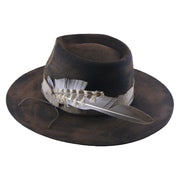 No. 980 Distressed Wool Felt Fedora Hat with Feather Accent