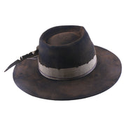 No. 980 Distressed Wool Felt Fedora Hat with Feather Accent